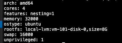 Proxmox pct config output showing unprivileged: 1 and features: nesting=1