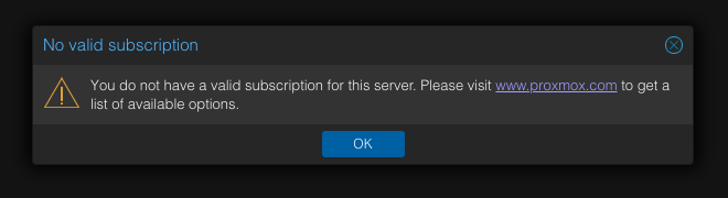 Proxmox "No valid subscription" dialog